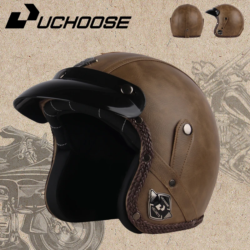 2023 New Hot Selling Motorcycle helmet, 3C certified leather classic retro Motorbike 3/4 Helmet, for dirt bike, scooter