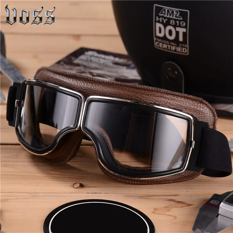 Best Selling Vintage Goggles  Motorcycle Leather Goggles Glasses Cruiser Folding Goggles 3-Color Leather 4-Color Lens