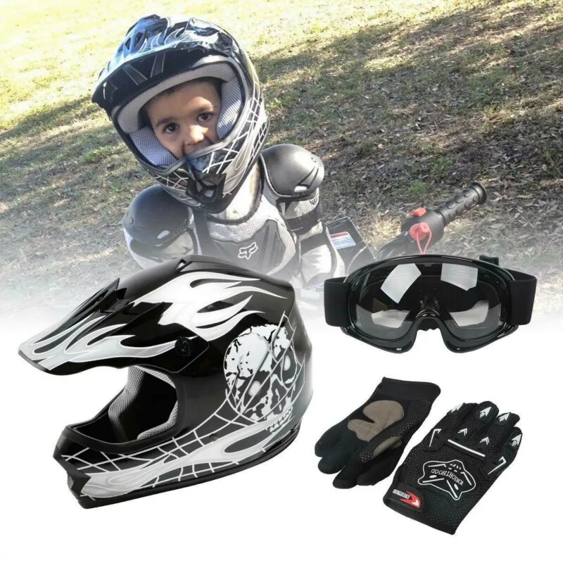 Motorcycle Youth Kids Helmet ATV Motocross Dirt Bike Black  Helmet w/ Goggles+Gloves S M L XL