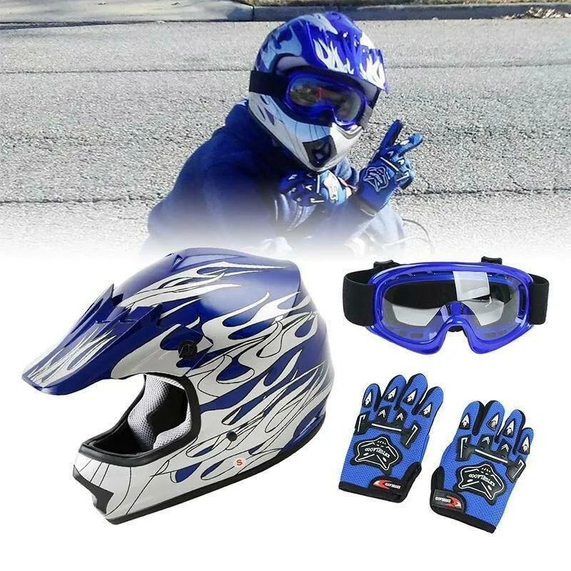 Motorcycle Youth Kids Helmet Blue Flame Dirt Bike ATV Motocross Off-Road Helmet+Goggles Cycling Helmet casque moto full face