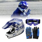 Youth Kids Dot Blue Flame Dirt Bike ATV Motocross Off-Road Helmet W/ Goggles Gloves S/M/L/XL