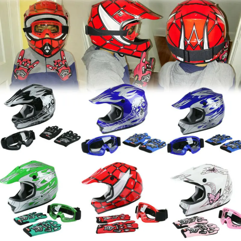 Youth Kids Dot Helmet ATV Dirt Bike Motocross Motorcycle Off-Road Full Face Goggle Gloves S M L XL